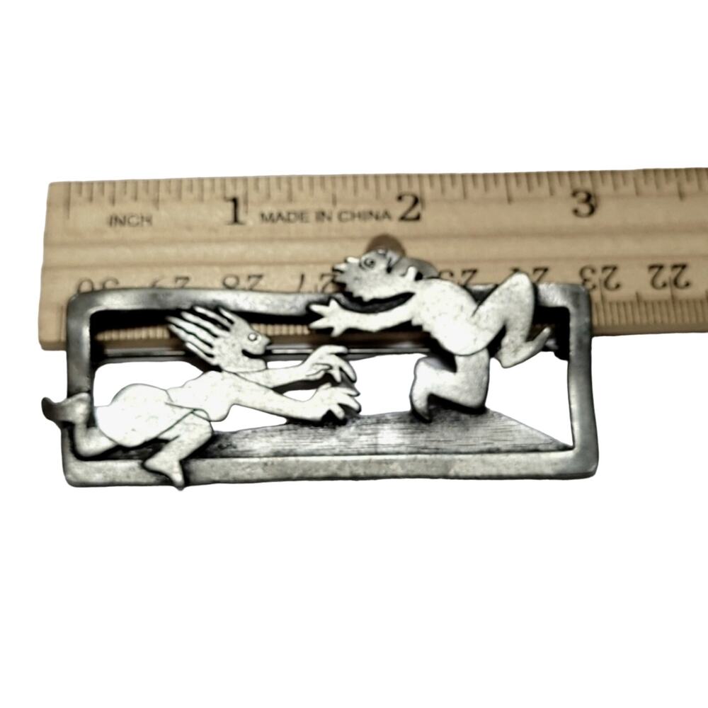 Vintage Brooch Pin Jonette Jewelry Marked Silver Tone Fun Woman Chases Man 1980s